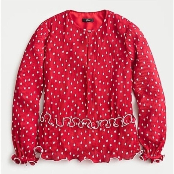 J. Crew Red Polka Dot Ruffle Trim‎ Peplum Long Sleeve Blouse Size Small - Picture 1 of 10